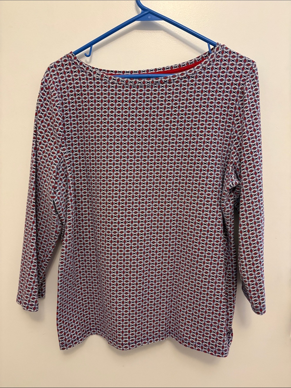 Talbots Red & Blue Geometric Long Sleeve Boatneck Top